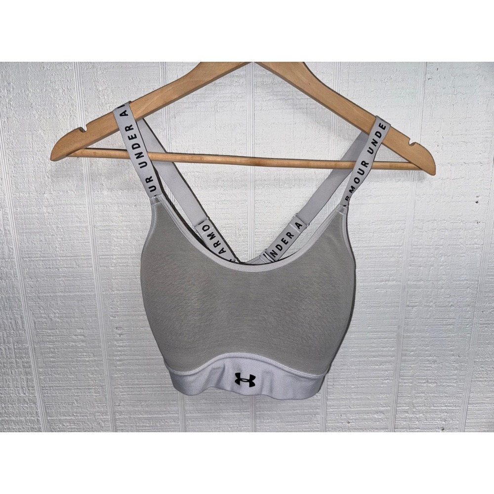 Under Armour Sports Bra Womens Grey White HeatGear Crossback Logo Straps Medium